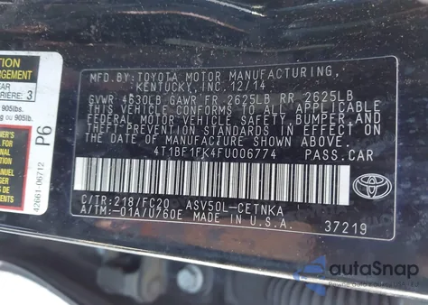 2015 Toyota Camry Le from USA, damaged, VIN 4T1BF1FK4FU006774